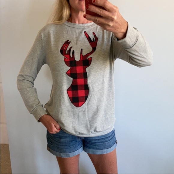 Tops - French Terry Long Sleeve Plaid Reindeer Top